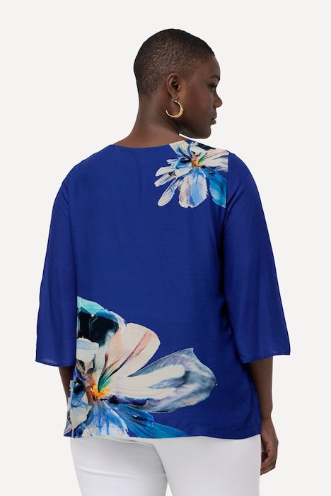 Bluse, Blüten, Oversized, V-Ausschnitt, 3/4-Glockenärmel