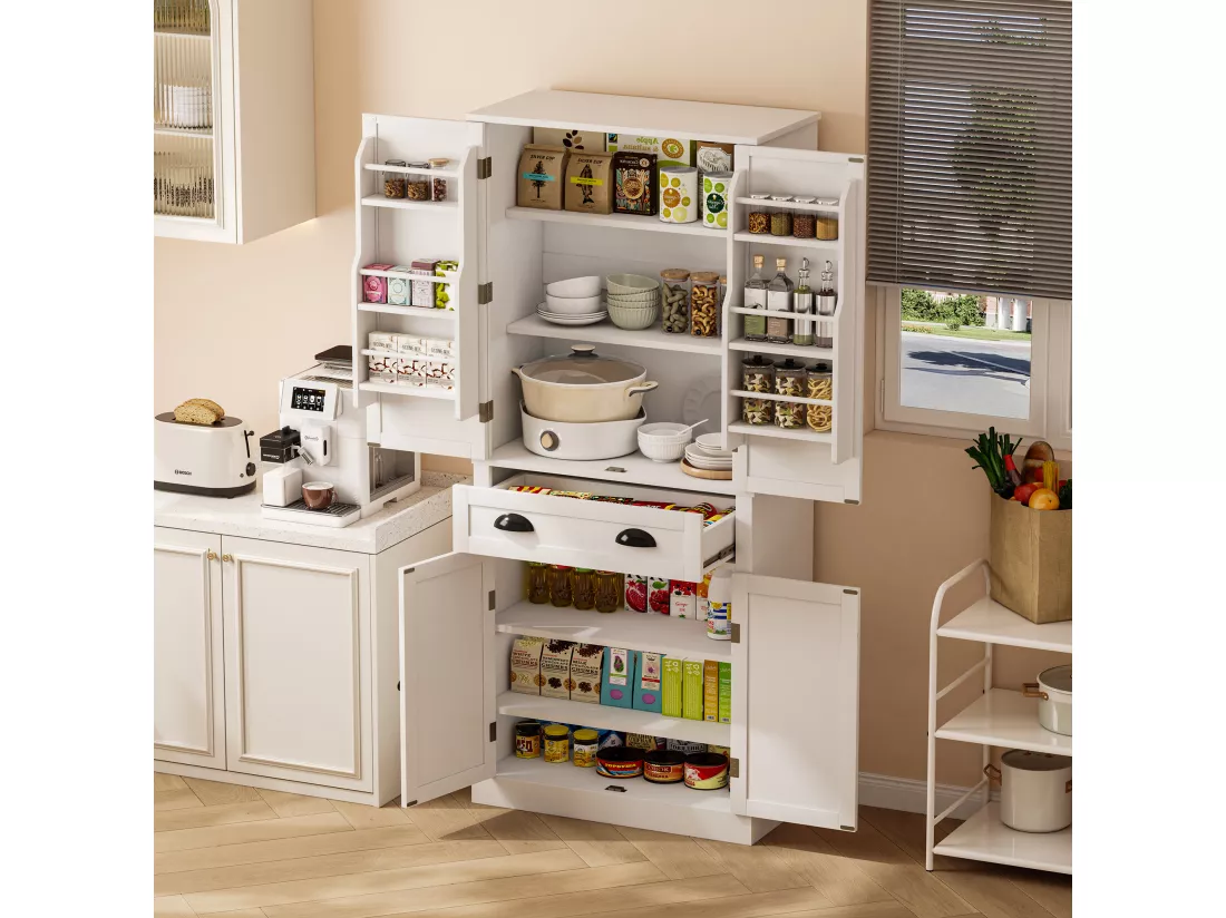 Buffet de cuisine avec 4 portes et 1 tiroir - 80 x 40 x 182 cm - étagères réglables - Bois MDF - Blanc
