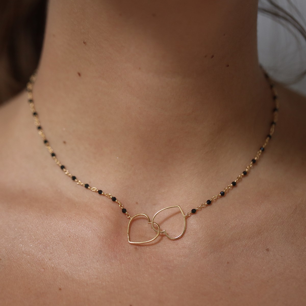 Collier Argent Doré Double Coeur Et Pierre Rouge