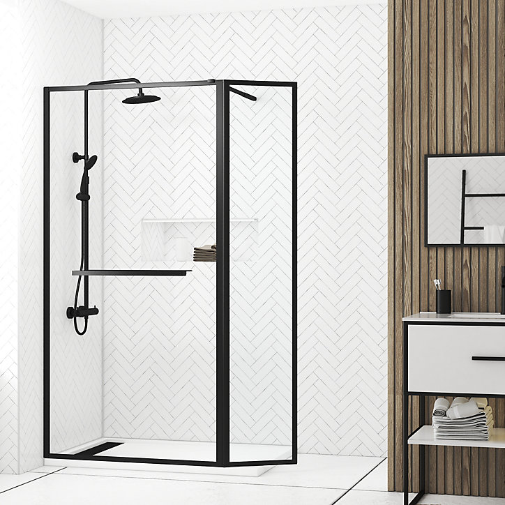 Paroi de douche à l'italienne fixe + volet pivotant 90+40 x 200 cm, noir mat, Galedo Dark Edge Shelf