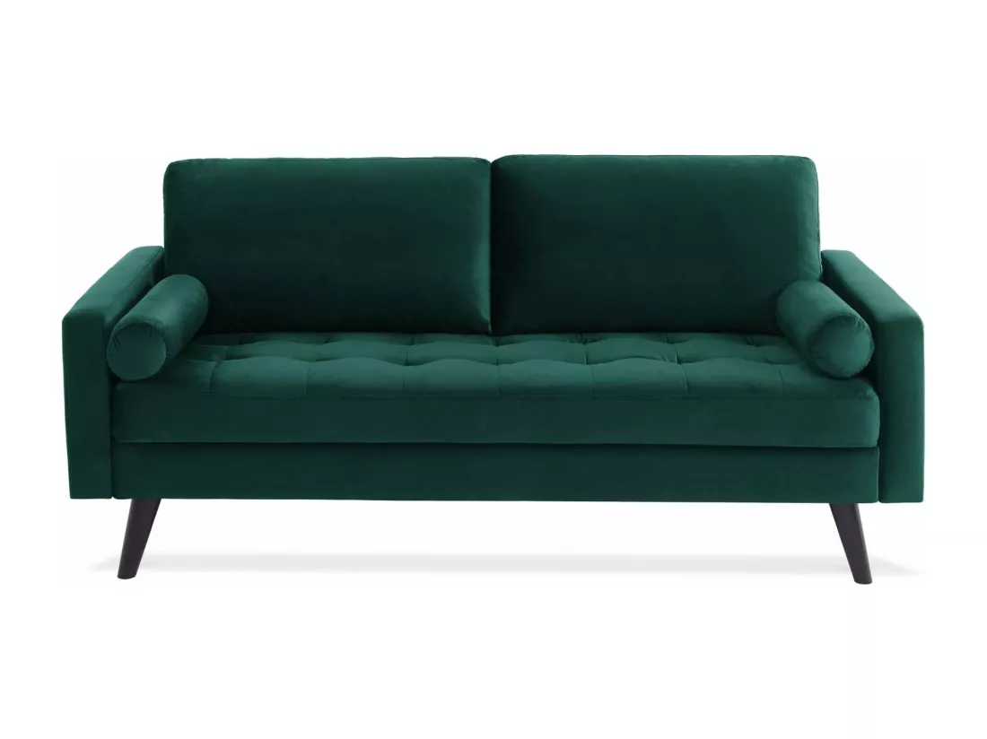 Canapé en velours vert anglais. 3 places scandinave fixe. droit. pieds bois noir