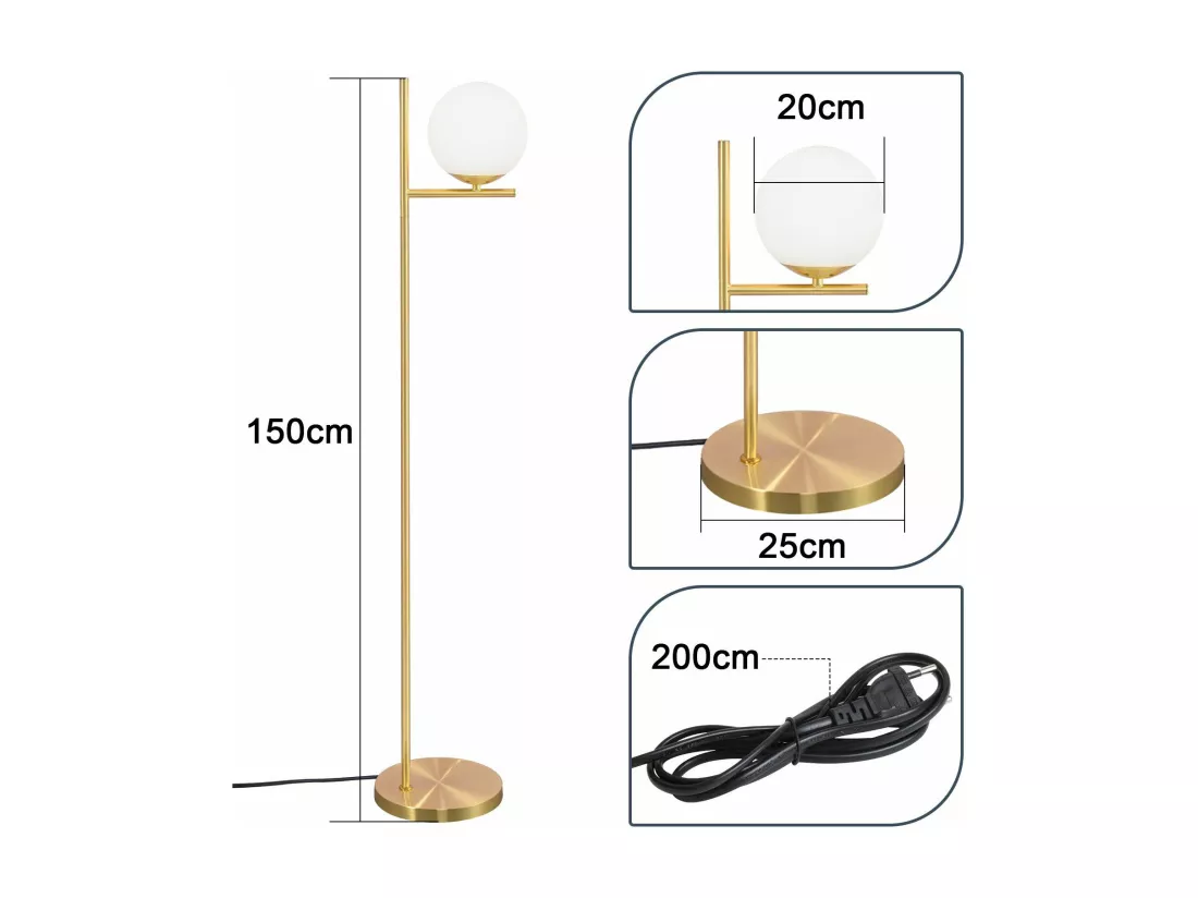 NETTLIFE Lampadaire doré industriel avec interrupteur au pied, design métallique en verre blanc, lampe sur pied E27 vintage, câble de 2 mètres