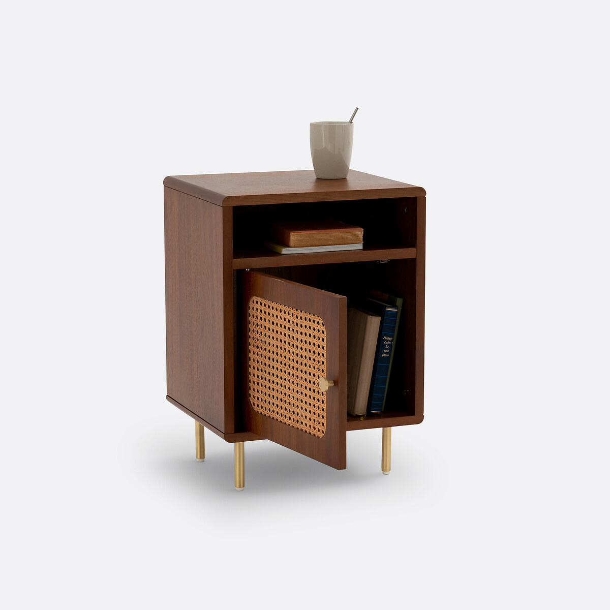 LA REDOUTE INTERIEURS<br>Mesinha de cabeceira 1 porta em rotim e folheado de nogueira, Redpop