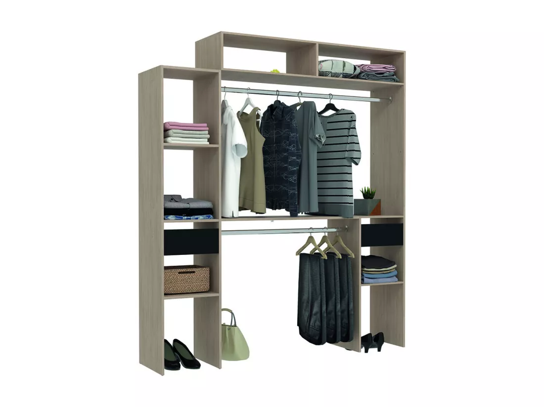 Dressing bois extensible avec 2 penderies, 4 étagères, 2 tiroirs ELYSEE
