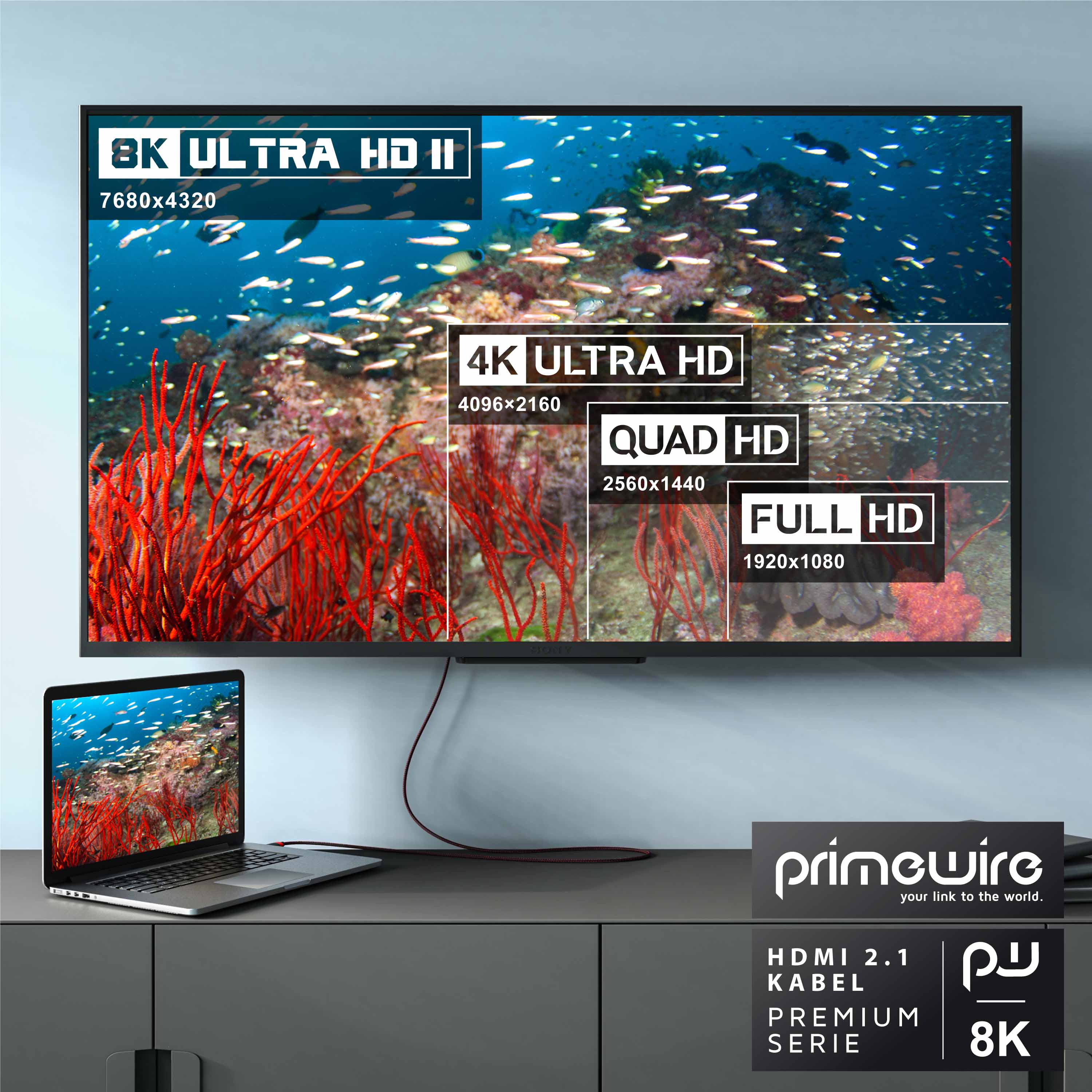 Primewire - 0,25m High Speed 8K HDMI Kabel 2.1 Ethernet ARC 3D 4K Ultra HD 7680x4320 @ 120 Hz PS4 360 TV OLED PC Laptop Beamer Monitor - Schwarz/Rot
