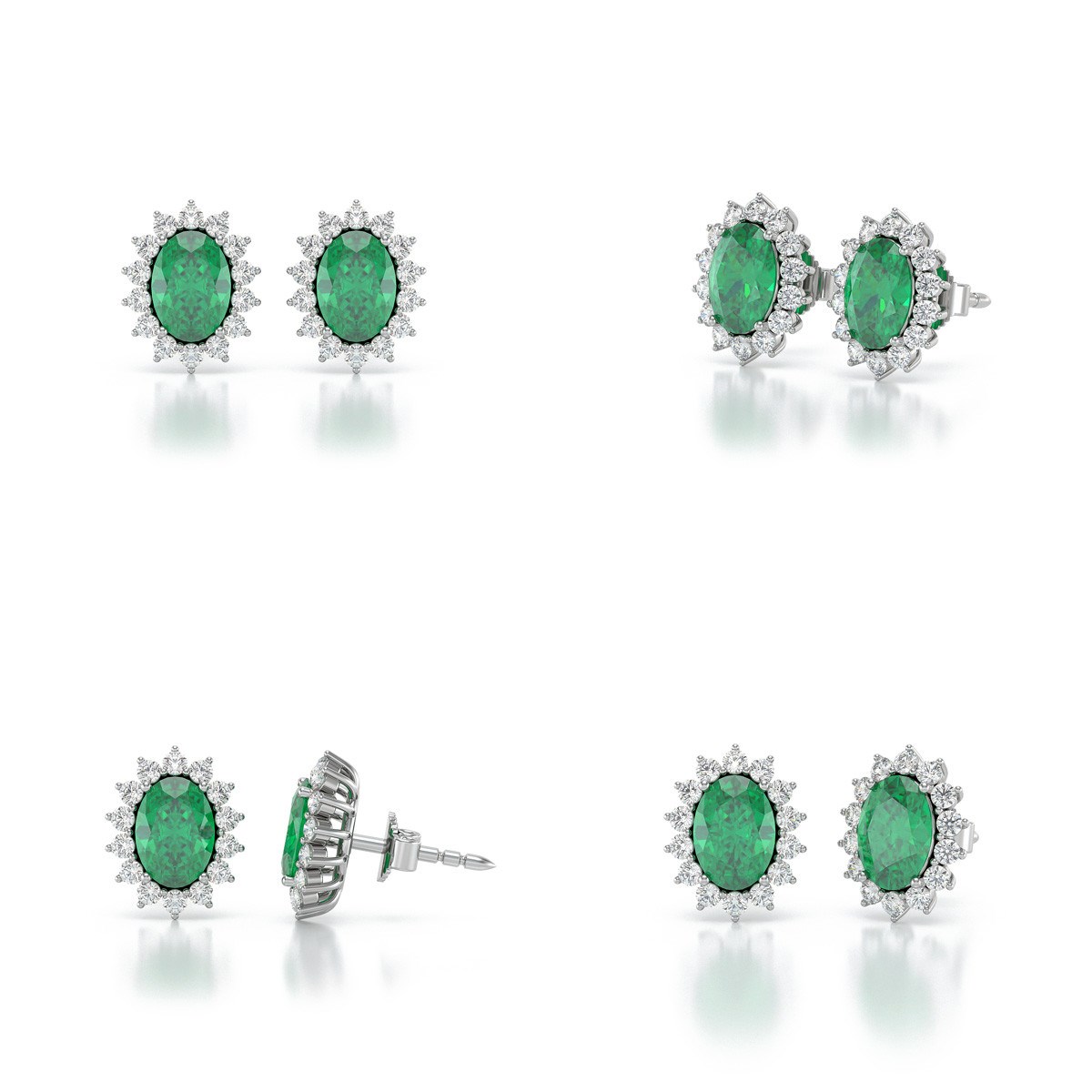 Boucles d'oreilles ADEN Or 585 Blanc et Emeraude Forme Marquise 2.25grs