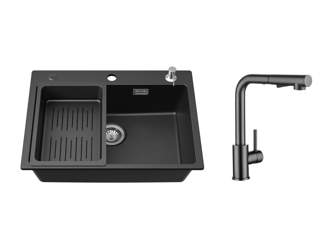 Noir Evier en Quartz et Résine avec Panier de Vidange et Distributeur de Savon 60*45*20cm + Mitigeur Cuisine Avec Douchette Extractible