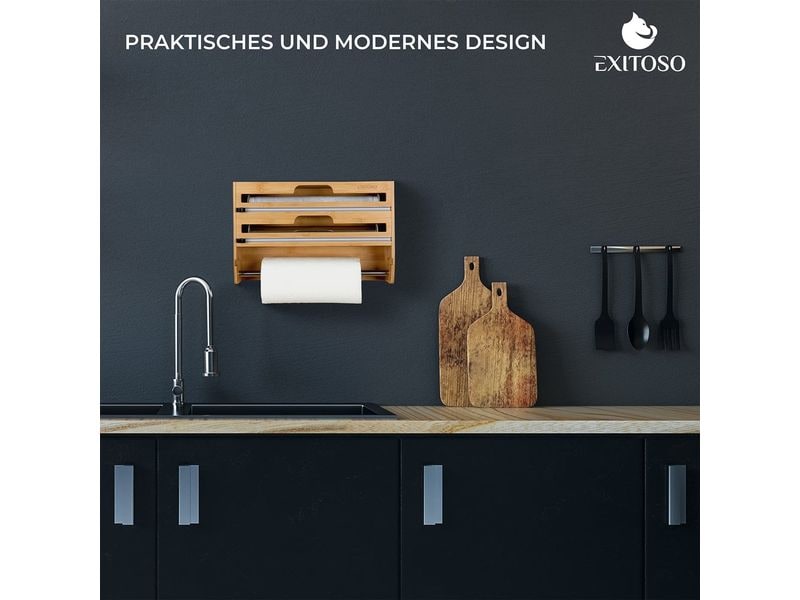Exitoso 3 in 1 Küchenrollenhalter Braun Folienschneider, Wandrollenhalter und Frischhaltefolienspender