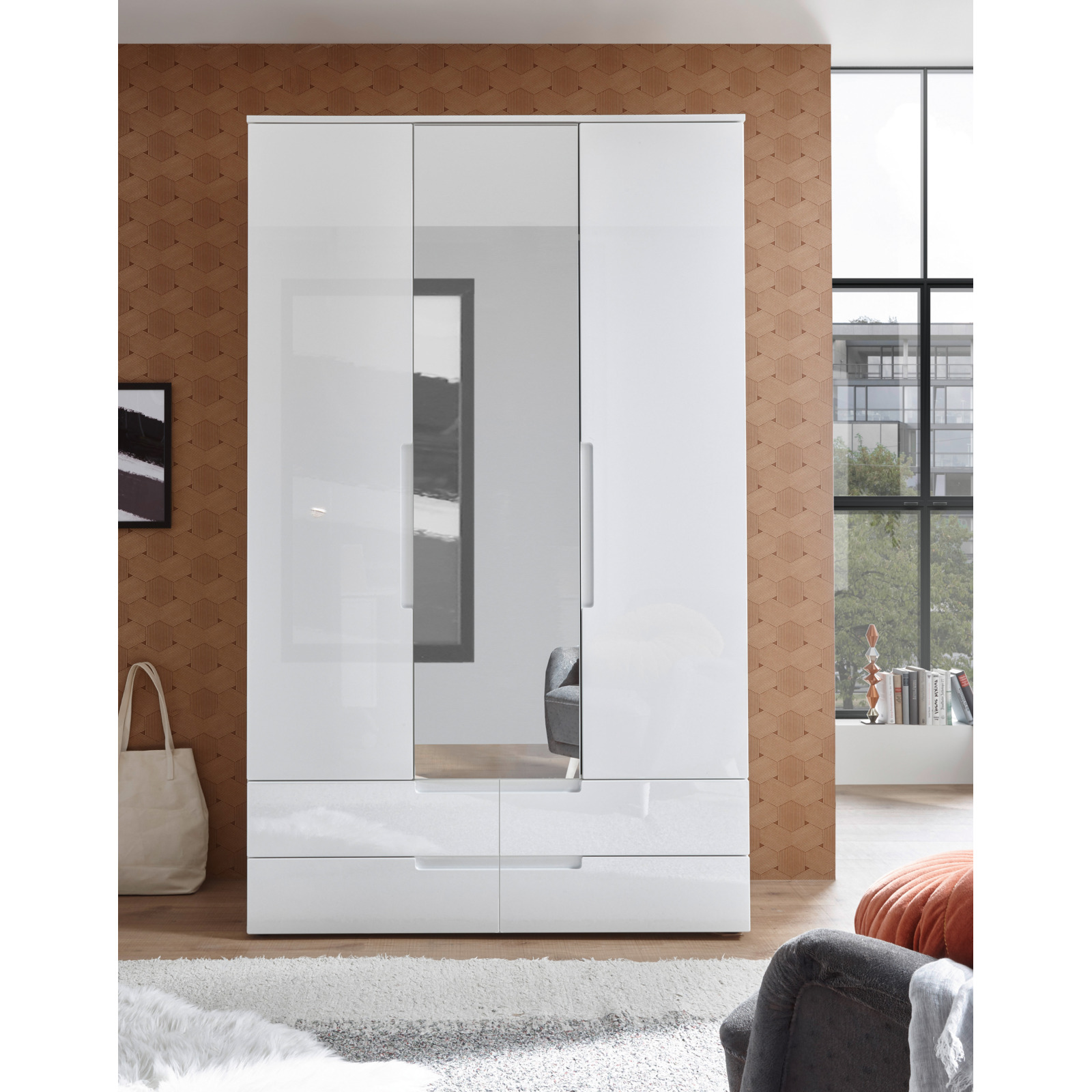 Drehtürenschrank Spice weiss, mit Spiegel 126 x 208 x 57 cm