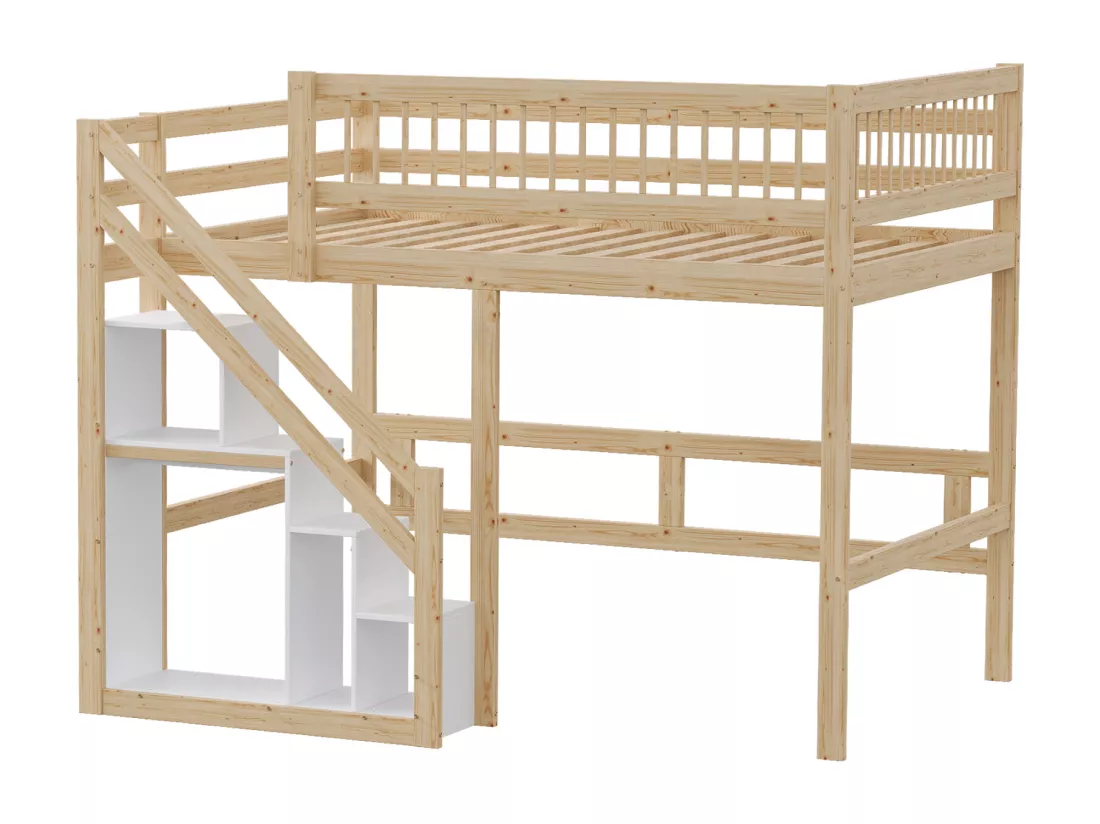 Lit mezzanine 140 x 200 cm avec placard de rangement - Bois massif + MDF - Naturel et blanc (sans matelas)