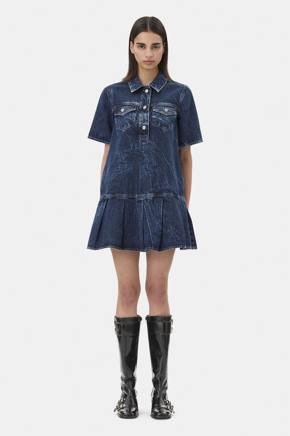 Ganni Crinkled Future Denim Mini Dress Mid blue stone