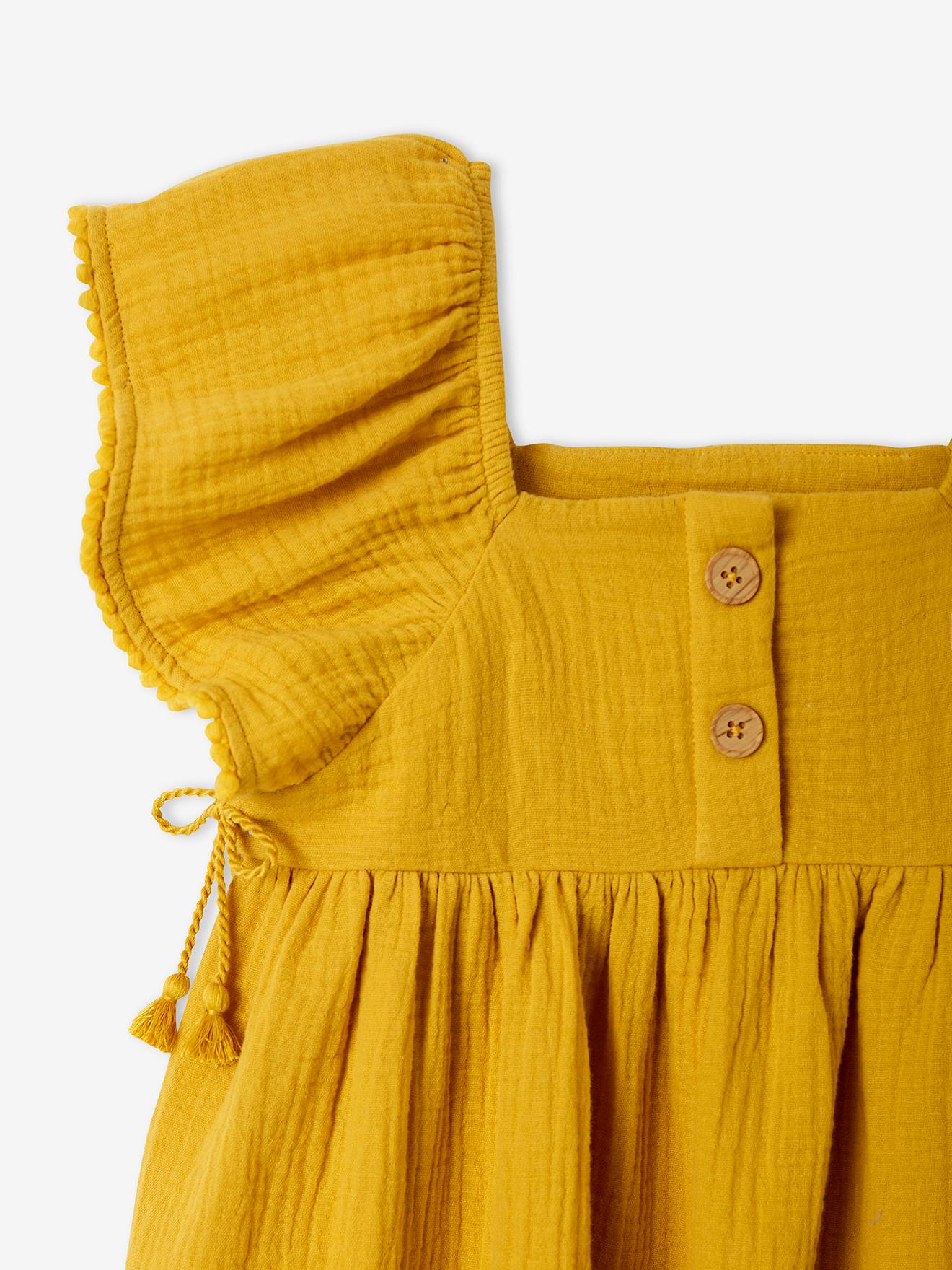 Vestido de chiffon de algodão para meninas, amarelo liso tamanho médio