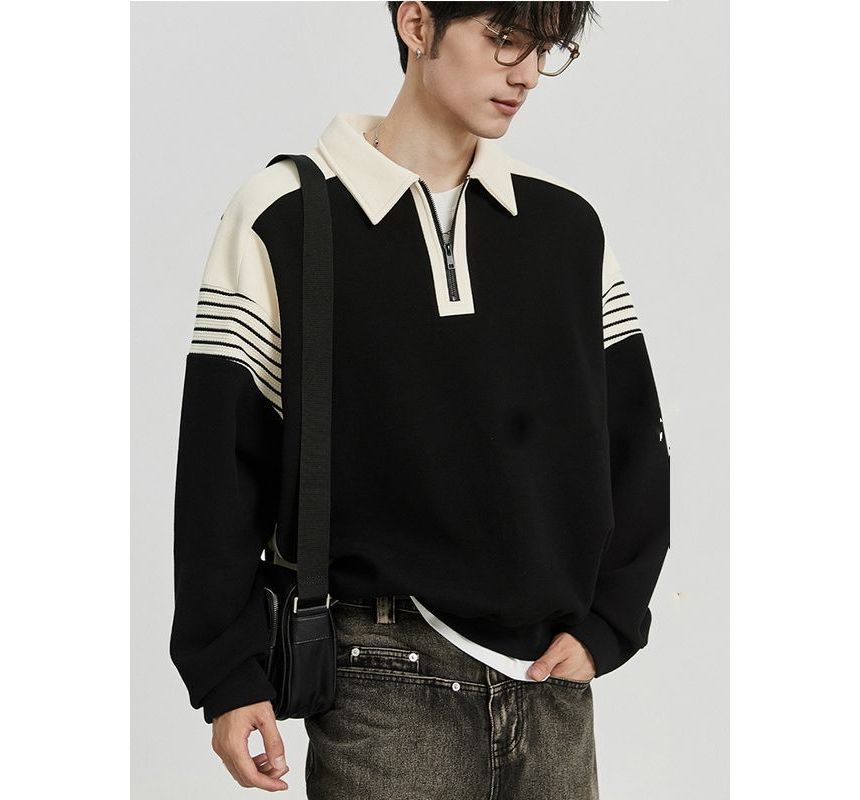 Savenne - Sweatshirt met lange mouwen, contrastkraag en halve rits, polokraag