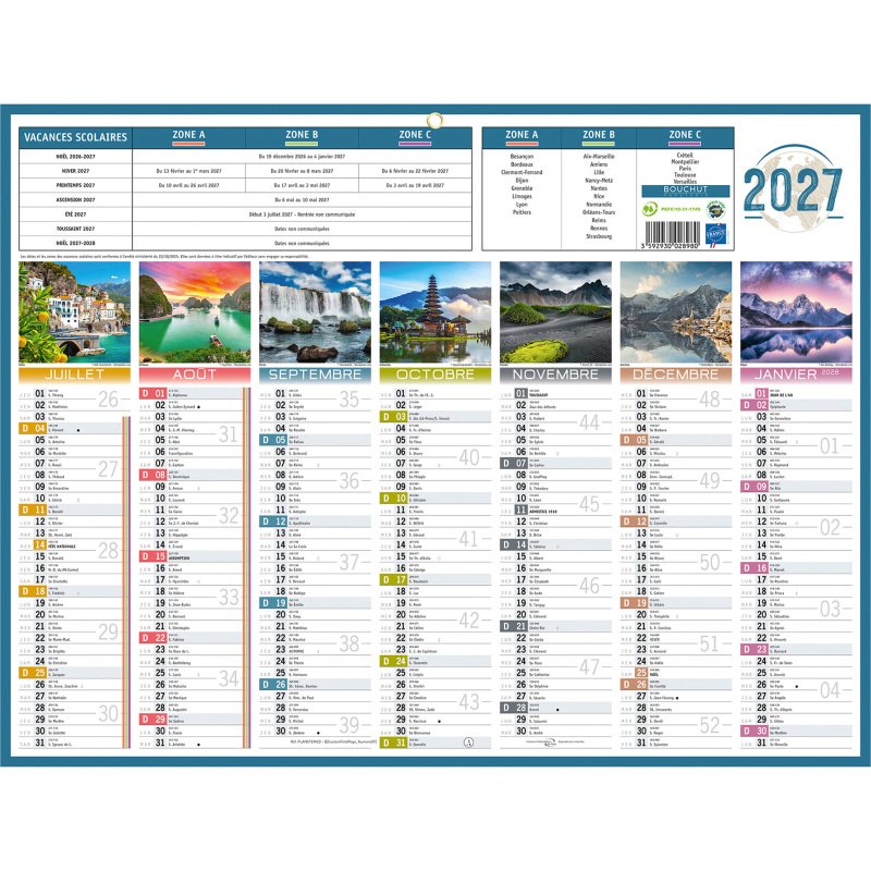 Calendrier semestriel mural 2027 - planète - 32 x 42 cm