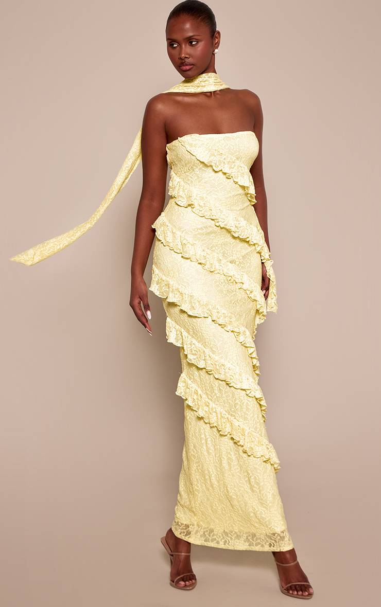Citron Robe Maxi Asymétrique En Dentelle À Volants Et Détail Foulard