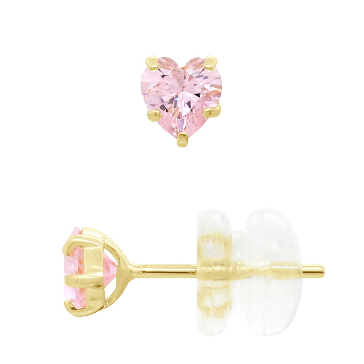 Boucles d'Oreilles - Orné d'un Oxyde de Zirconium Rose en forme de Coeurs - Or Jaune
