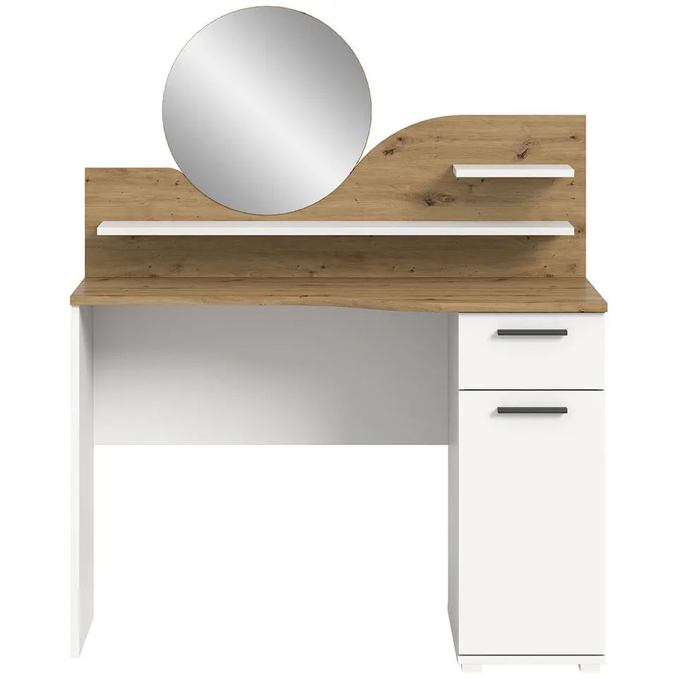 Hioshop Vanity kaptafel met spiegel 1 lade 1 deur 2 planken wit