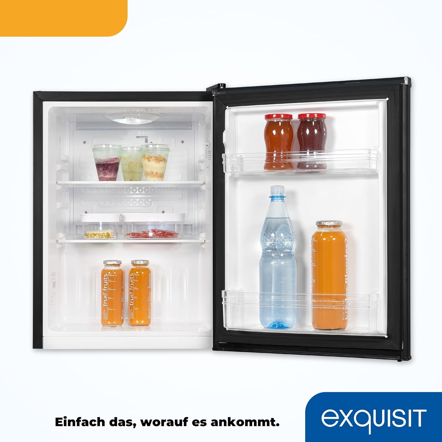 Exquisit Mini Kühlschrank KB60-V-090E schwarz | 52 l Nutzinhalt | LED-Innenbeleuchtung | Glasablagen | 45cm Breite