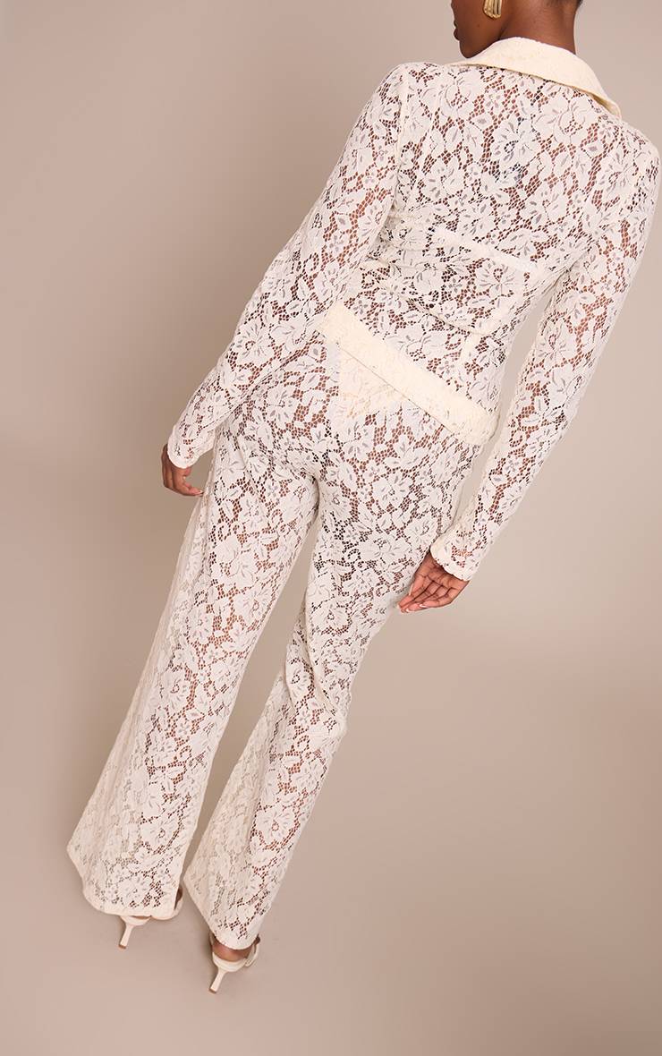 Crème Pantalon Droit Taille Haute En Dentelle