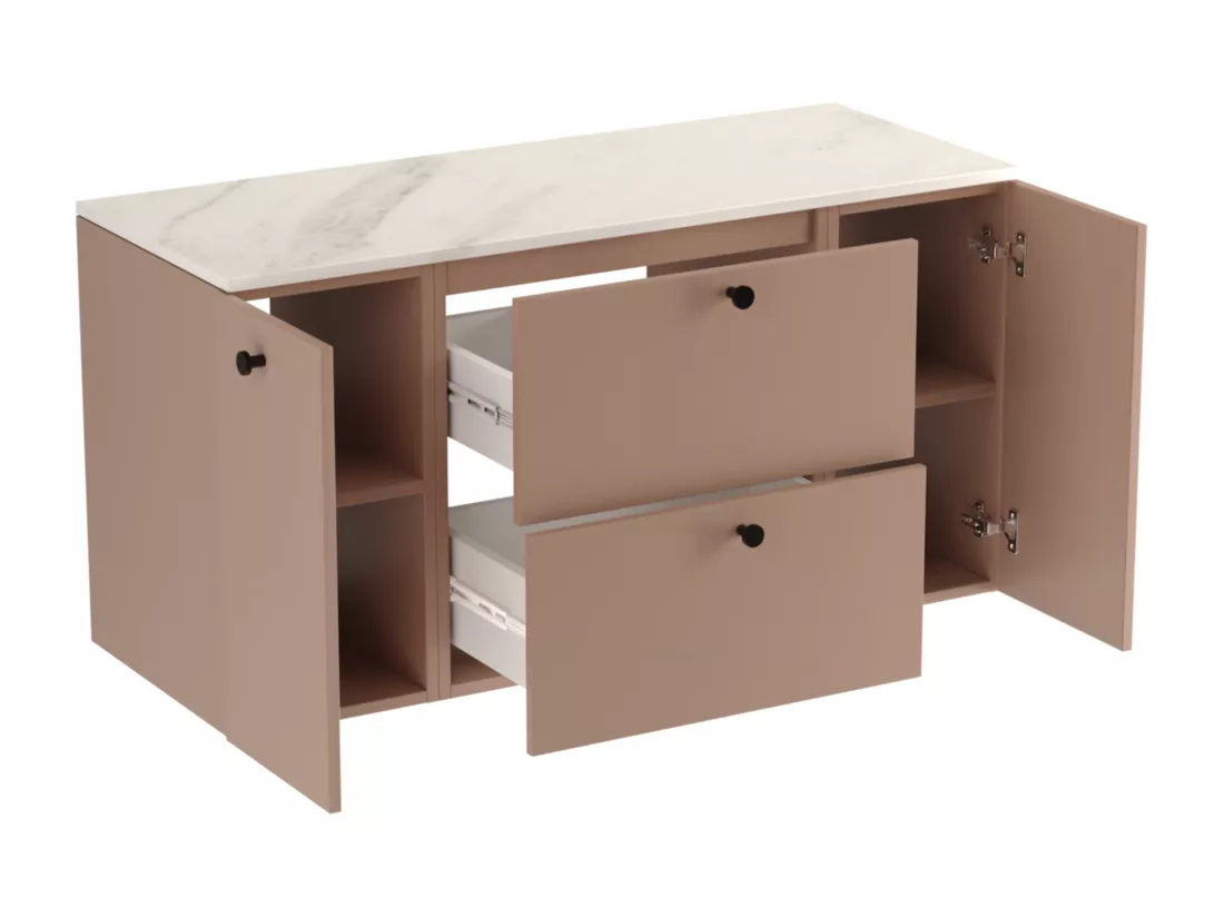 Meuble lavabo WENA, avec 2 portes et 2 tiroirs, fronts lisses, Beti, 120x60x47 cm, Rose foncé/Marbre Bianco