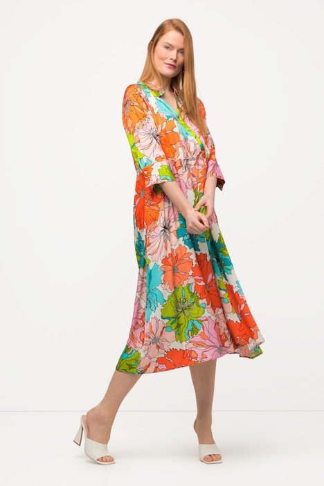 Midikleid, Blüten-Design, Hemdkragen, 3/4-Arm