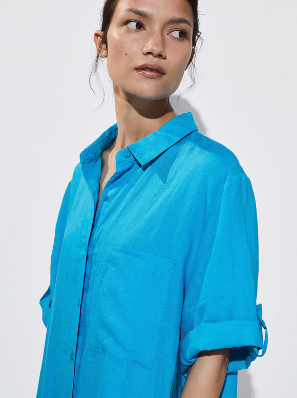 Vestido camisa de linho - Azul