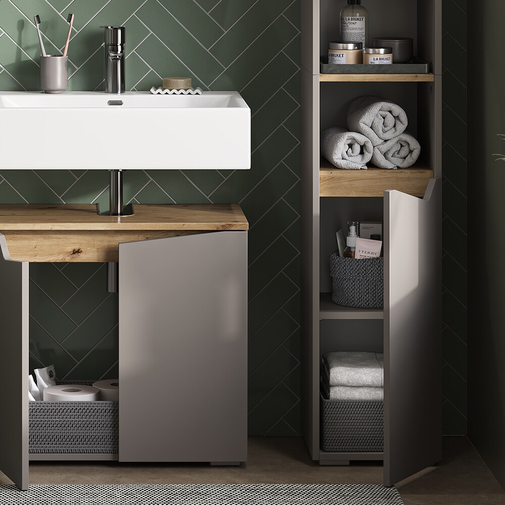 Vicco Hochschrank Marelle Greige Eiche 30 x 180 cm mit Türen und offenen Fächern