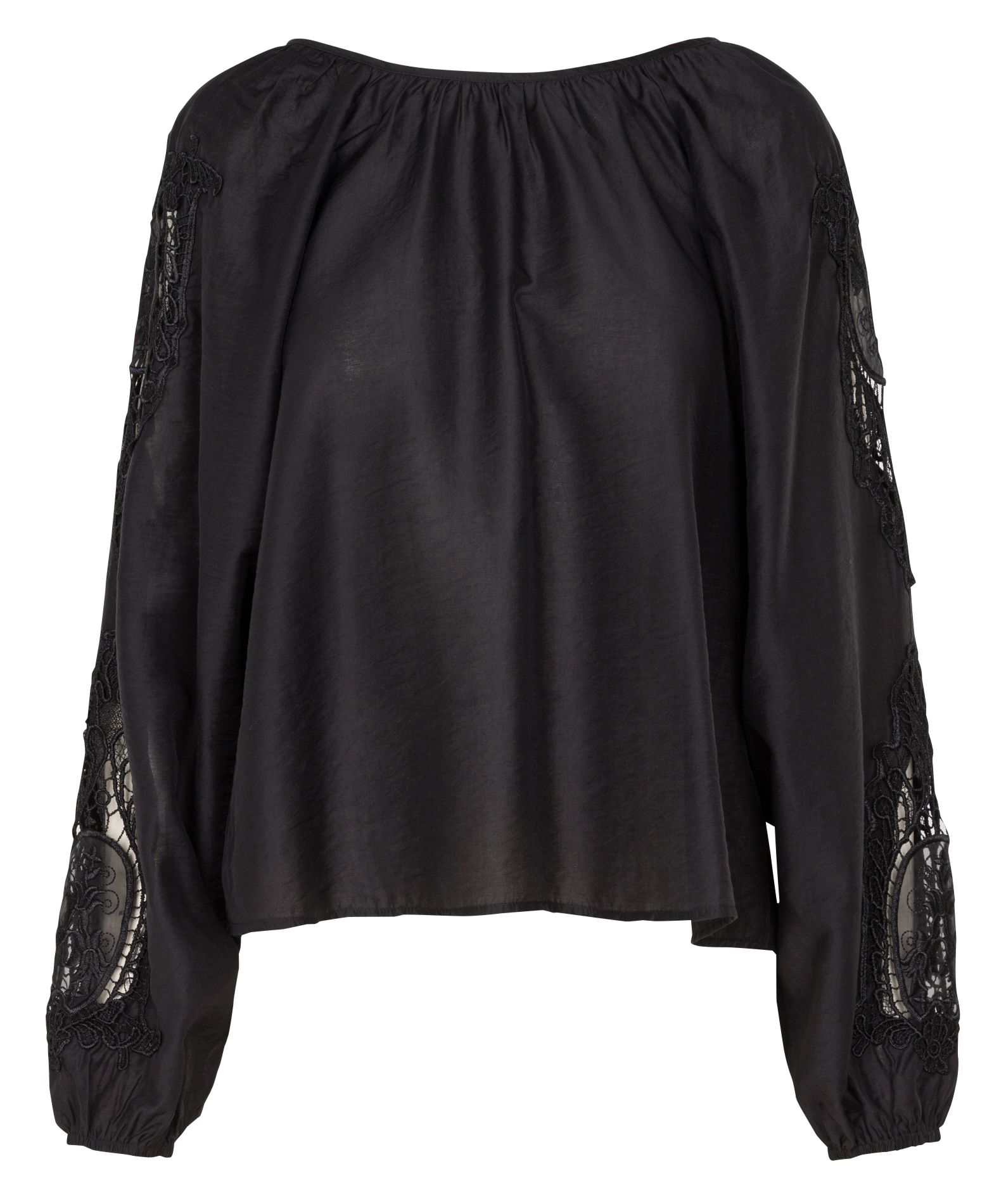 BRINNE - Blouse col rond à broderie ajourées décolletés dos| Noir