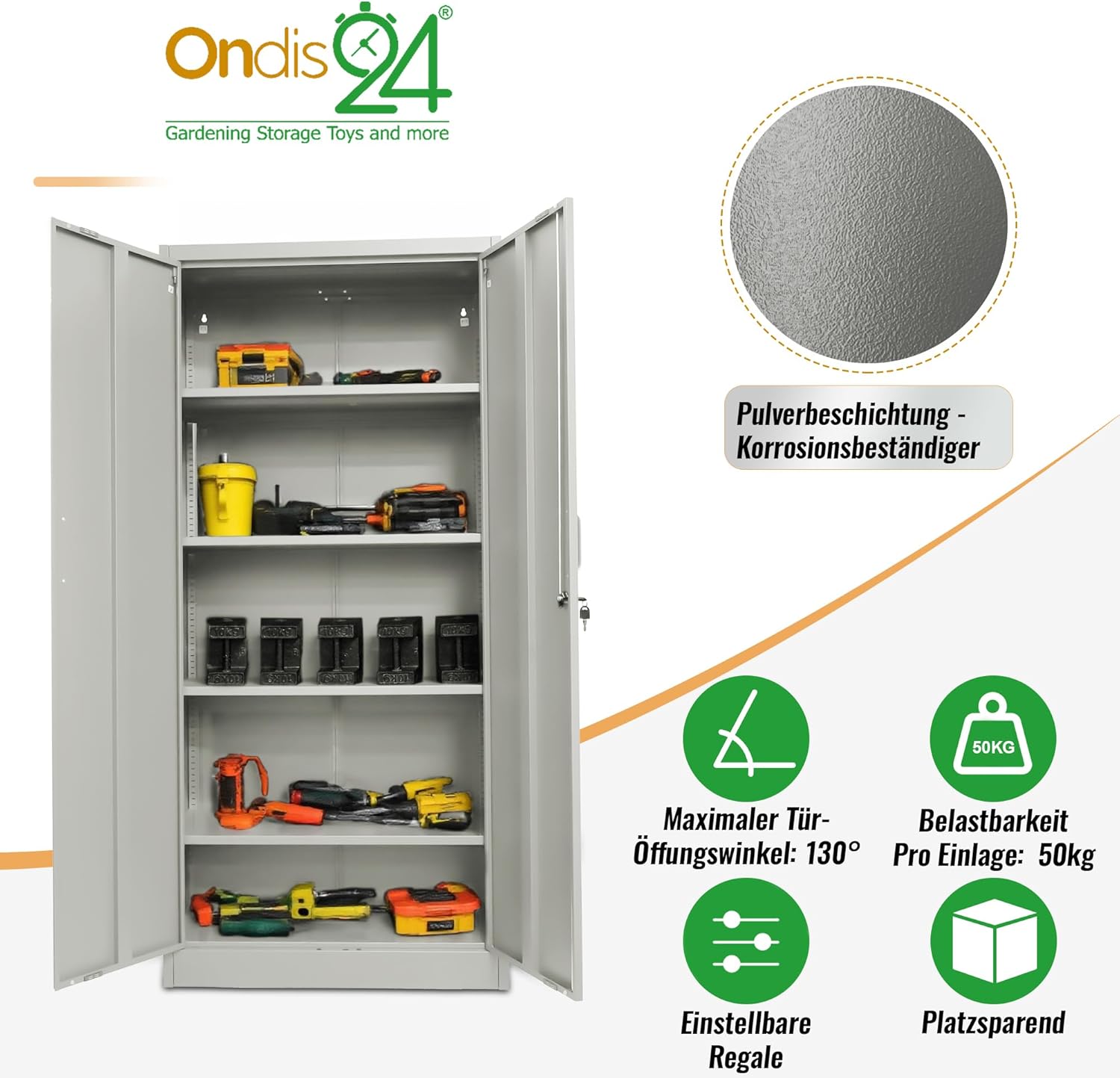 Ondis24 Aktenschrank, Büroschrank, Stahlaufbewahrungsschrank, Werkzeugschrank, Aktenschrank abschließbar, verstellbare Ablagen, mit Türmagnet, Griffen Robust und sicher (Grau, 170)
