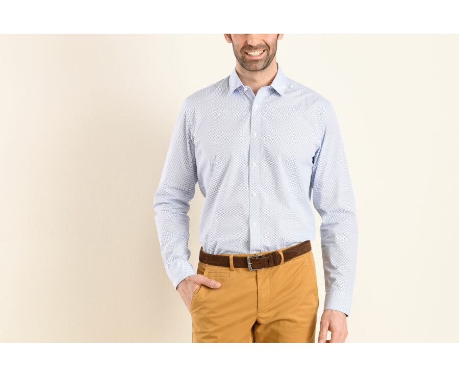 Chemise coton blanche imprimée motifs bleus - Col français - ROMÉRIC