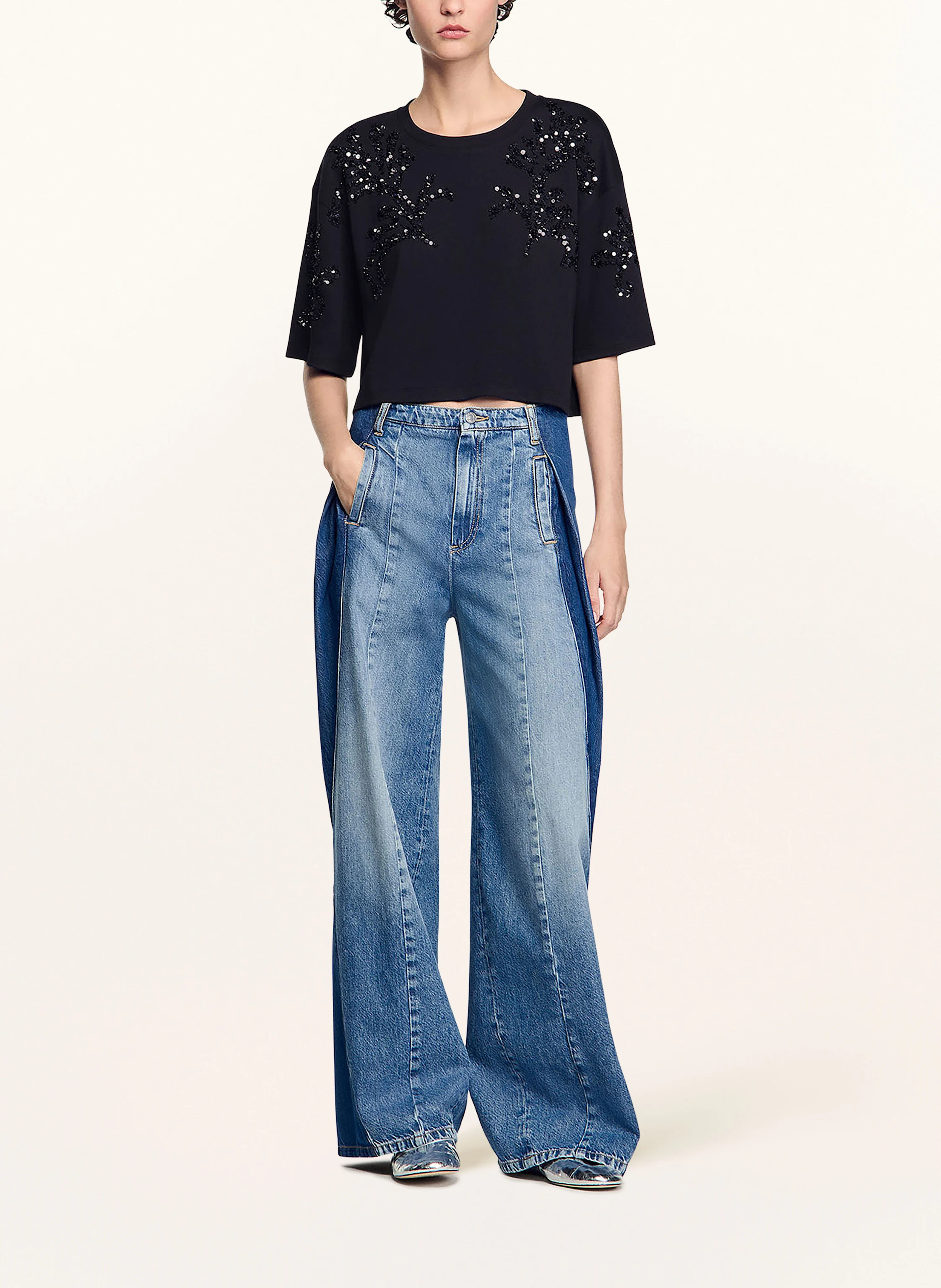 SANDRO Cropped-Shirt mit Pailletten