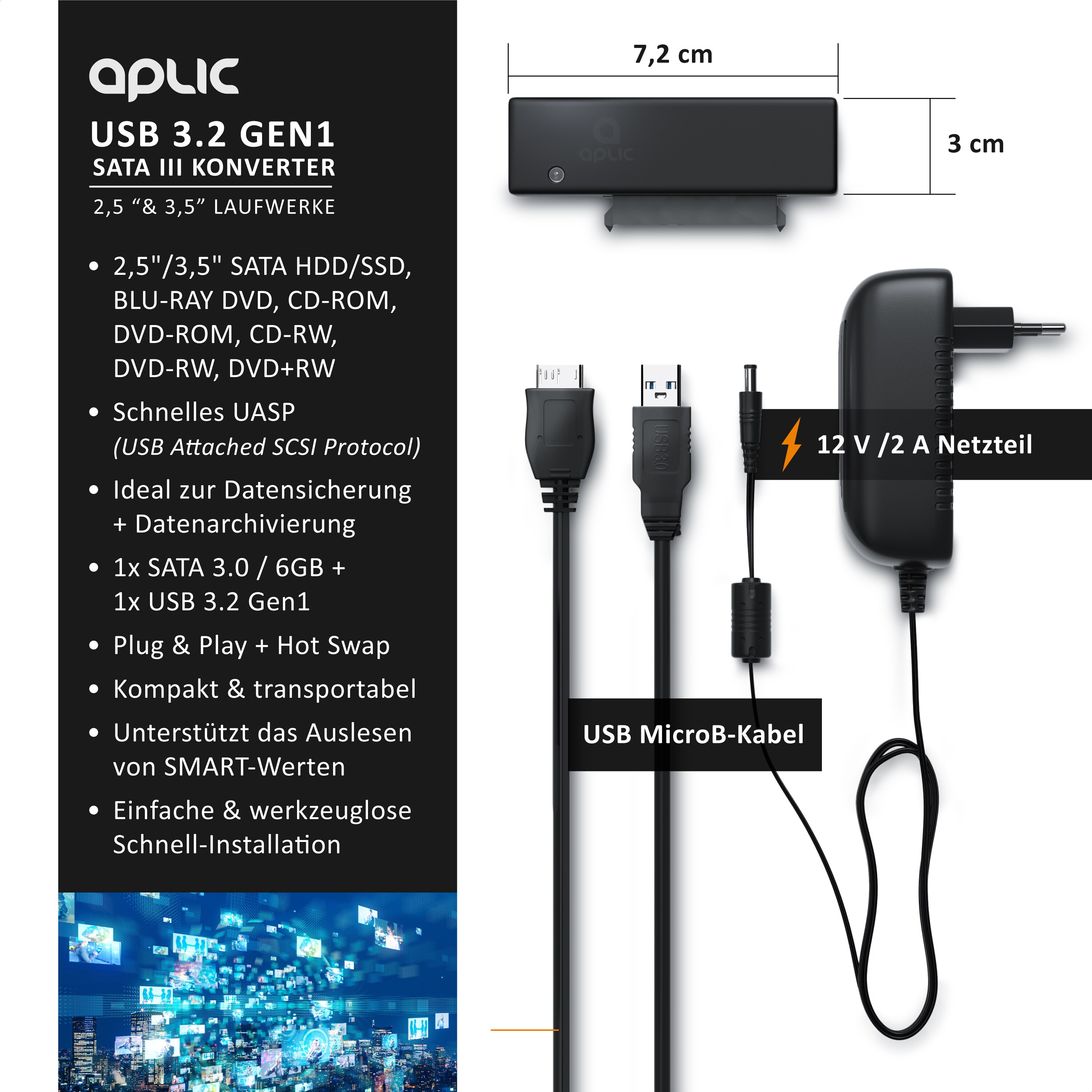 Aplic USB 3.0 zu SATA Konverter Kabel inkl. Netzteil - SATA 1/2/3 Festplatten & Laufwerke - UASP