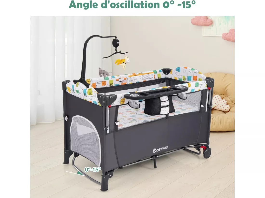 Lit Parapluie Bébé Pliant 5 en 1 avec Matelas,Berceau Parc Bébé avec Table à Langer,Boîte à Musique,Jouets Suspendus,4 Hauteurs d'Accoudoir Réglables,Sac de Transport,Noir