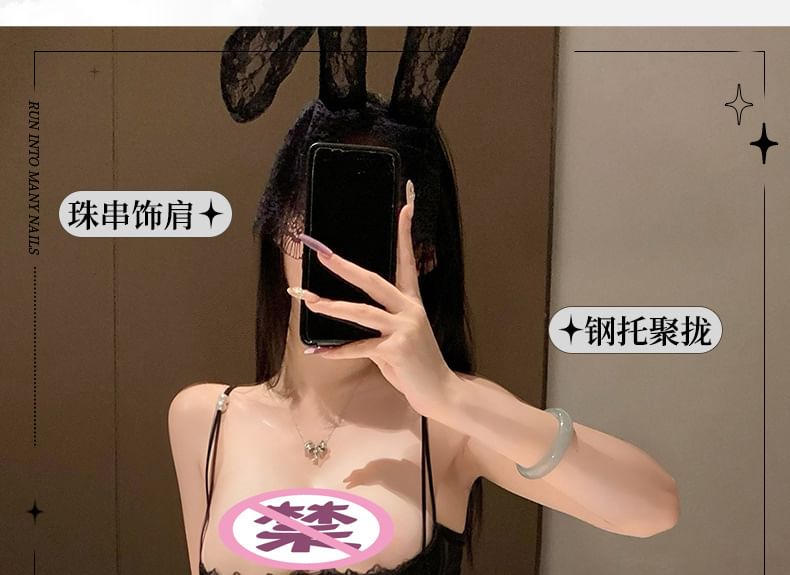 Kafroochi - Spaghettibandjes, effen ruches, uitsparingen en kanten bodysuit / kousen / set