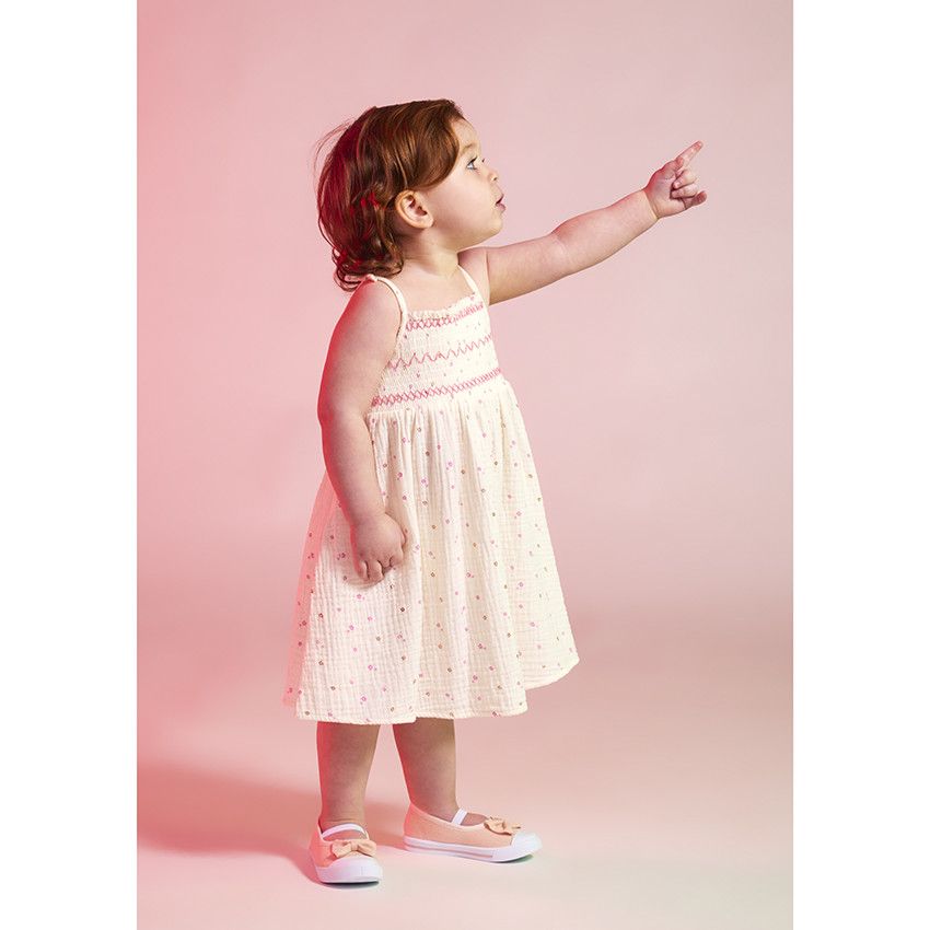 Robe à bretelles en gaze de coton imprimé fleurs pour bébé fille - Ecru