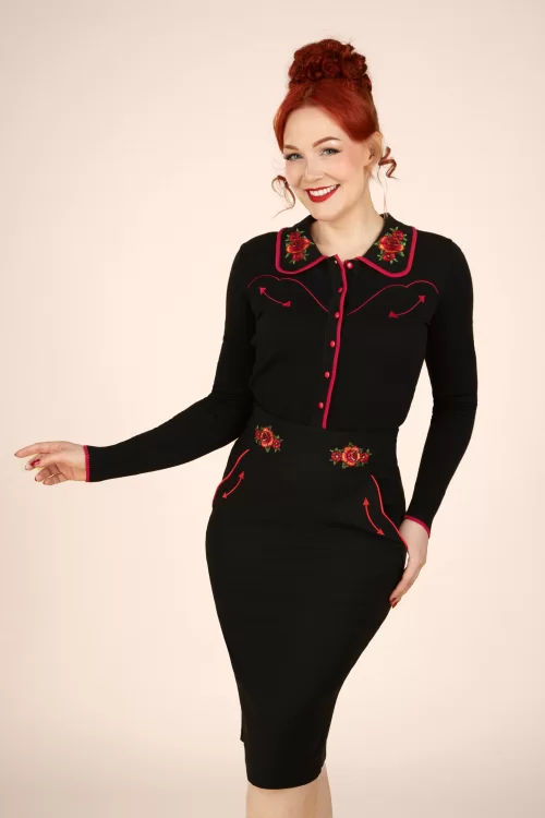 Vixen Rose embroidery pencil rok in zwart