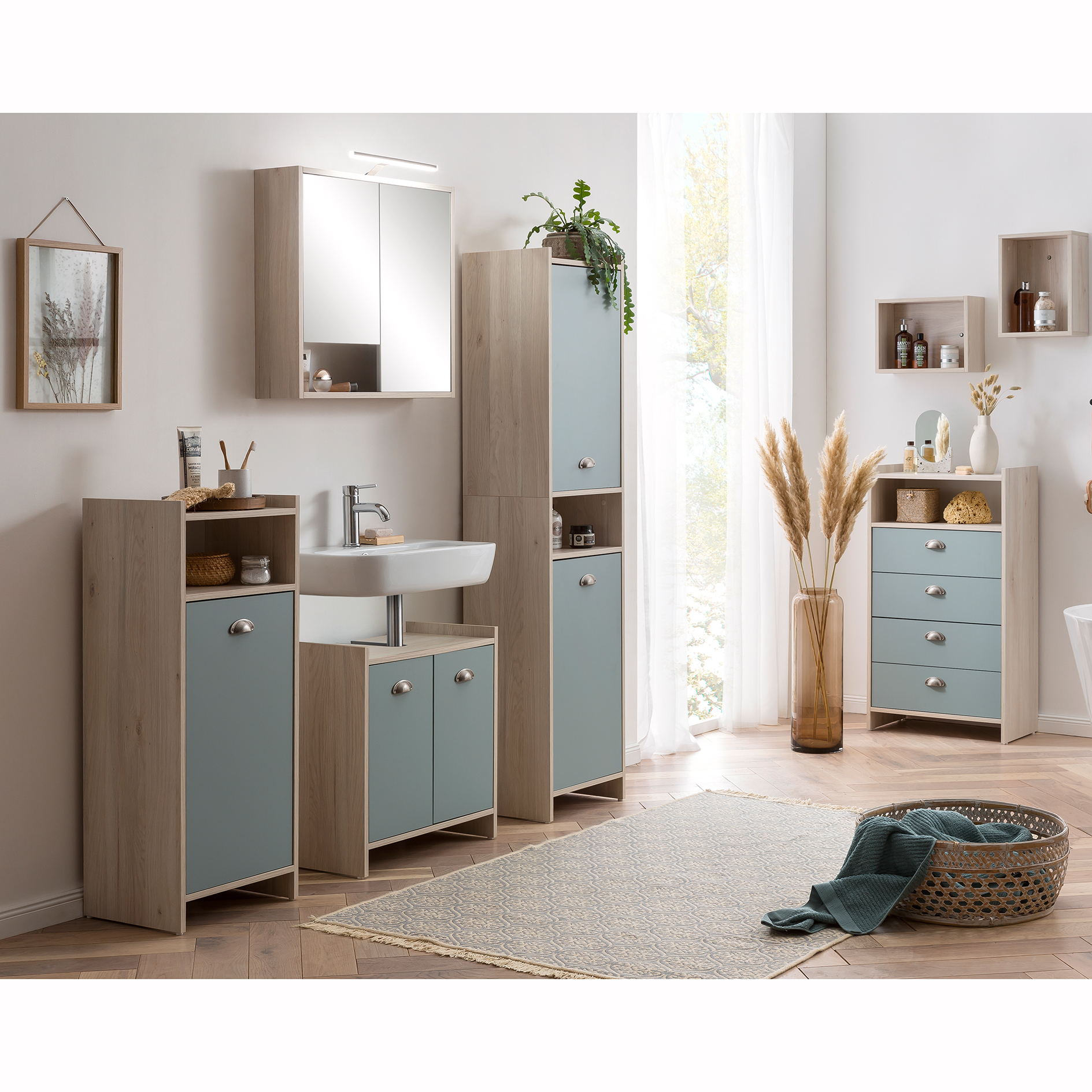 Highboard - taubenblau - Sandeiche - 60,1 cm