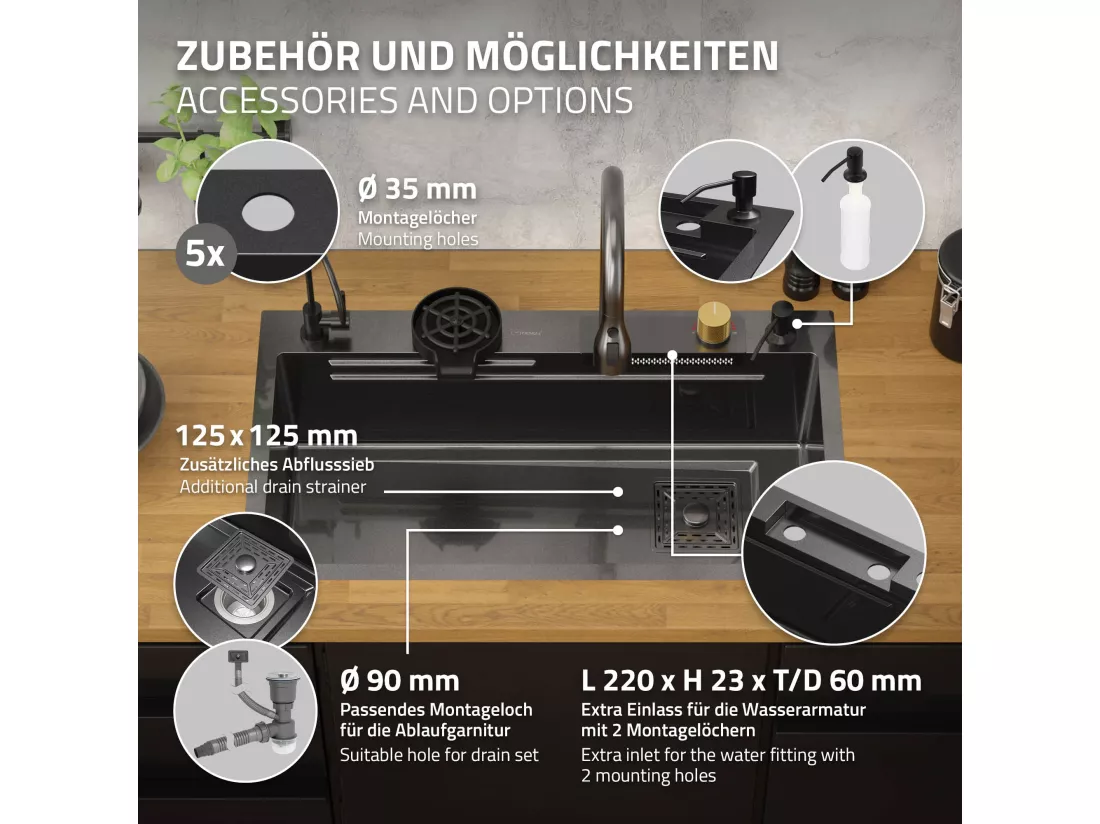 Évier de cuisine encasté multifonctions robinet douchette 80x46 cm anthracite