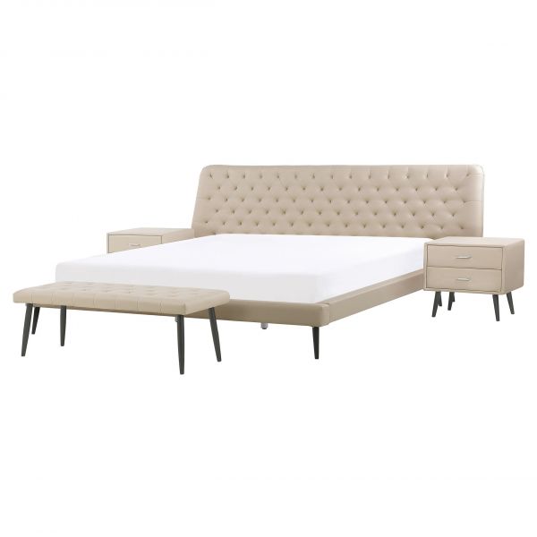 Beliani Conjunto de Quarto de Dormir Essonne de Pele Sintética Creme 200x230x118