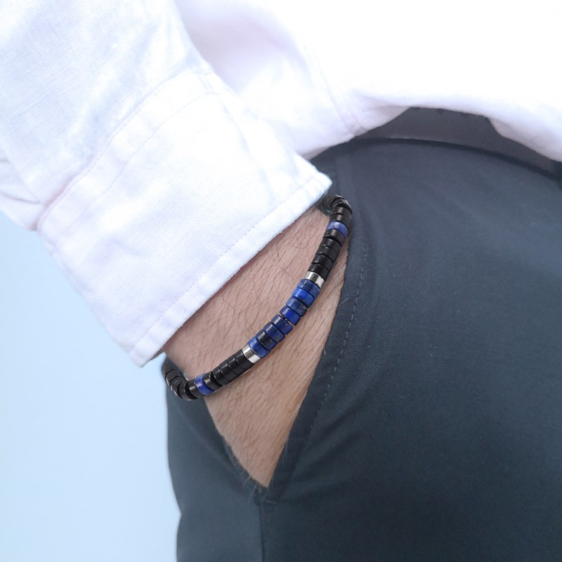 Bracelet Perles Heishi Lapis Lazuli Et Agate Noire-XS-14cm