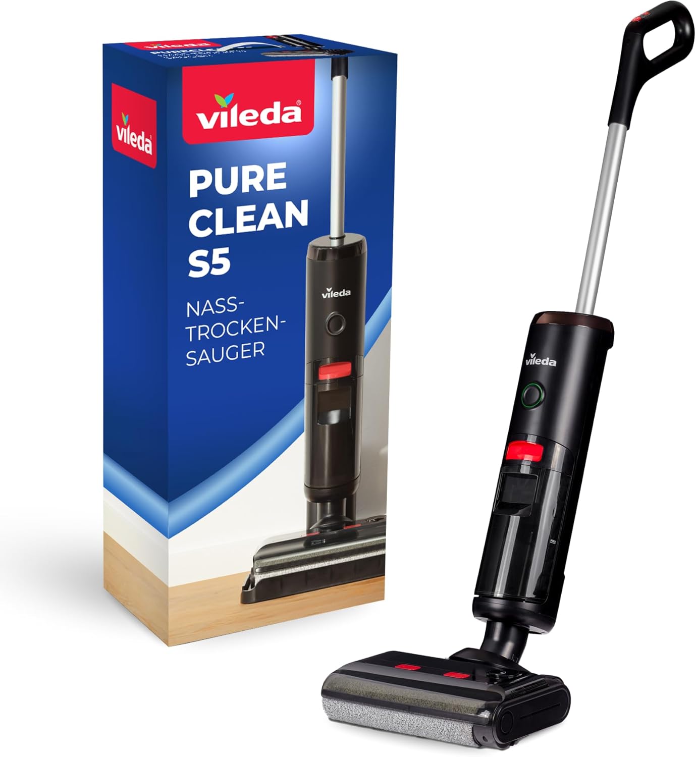 Vileda PureClean S5 Plus - Kabelloser Nass- & Trockensauger mit Zubehör - 3-in-1 Kehren, Saugen & Wischen, 30 Min Akkulaufzeit für 180 m2 Fläche, LED-Anzeige, Schwarz/Silber