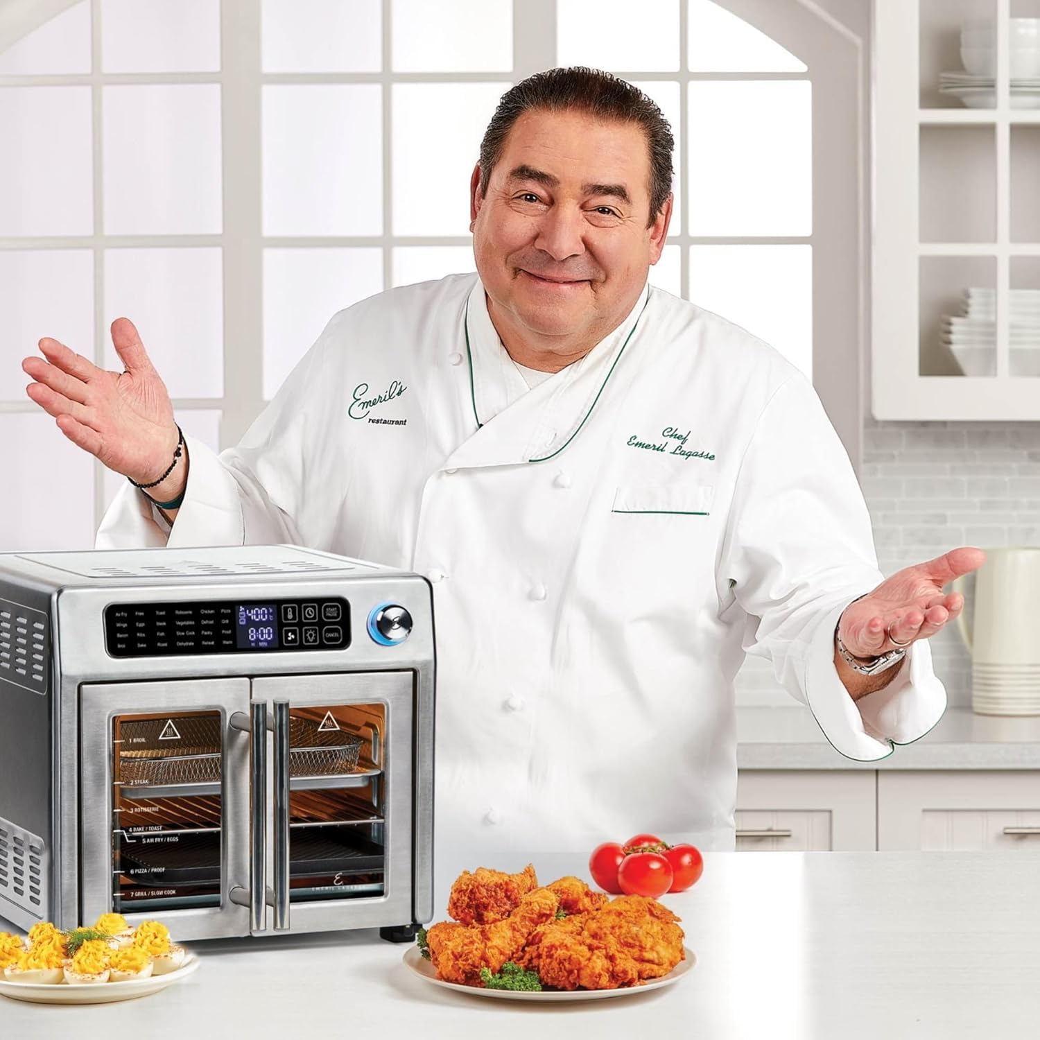 Emeril Lagasse Friteuse à air comprimé extra large, 24 fonctions de cuisson et commandes numériques, 7 accessoires inclus, finition en acier inoxydable, capacité de 26 l