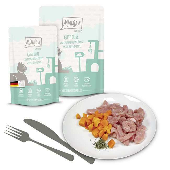 Quetschie gute Pute an gedämpftem Kürbis
