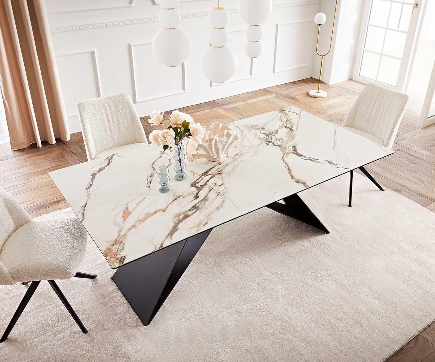DELIFE Esszimmertisch Edge Keramik Calacatta Luxe Weiß-Gold-Grau 200x100 V-Gestell Flachstahl Schwarz