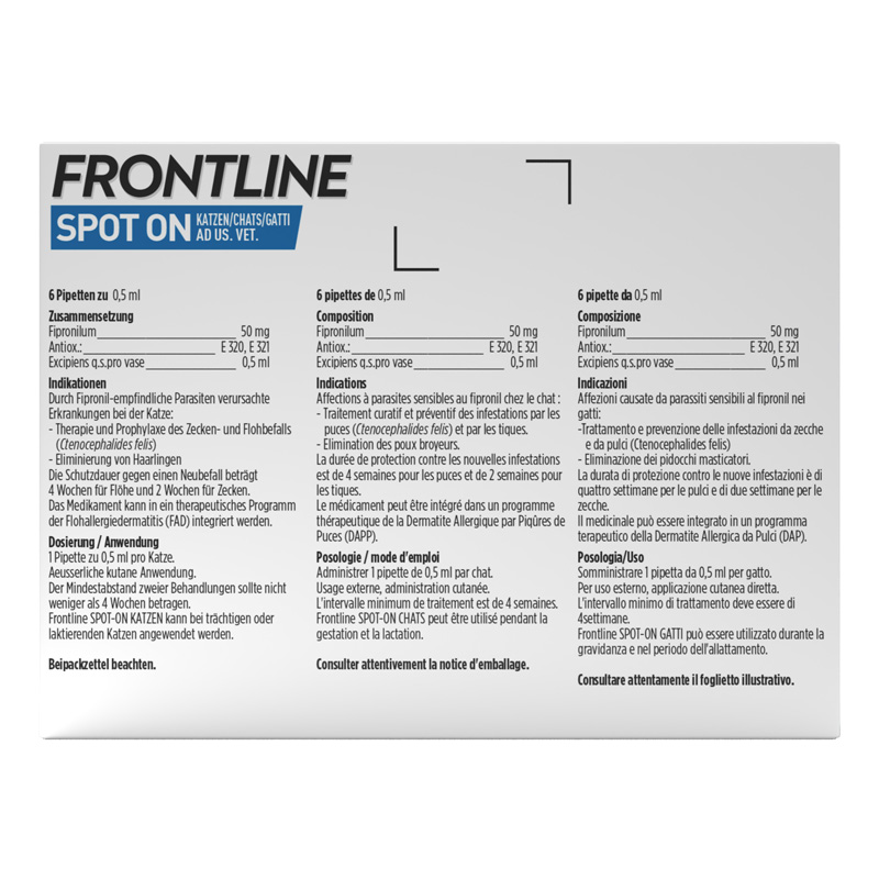 Frontline Spot On<br>6 × 0.5 ml, Lösung zur Anwendung auf der Haut, Katze Liste D