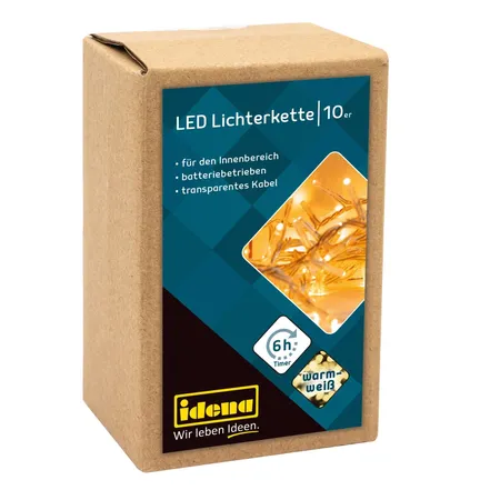 Idena 10er LED Lichterkette, warmweiß, für innen, batterieb., Timer