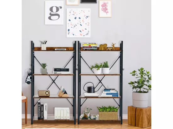 Bibliothèque industrielle à 4 niveaux, 64 x 24 x 119,5 cm, étagère de rangement avec crochets