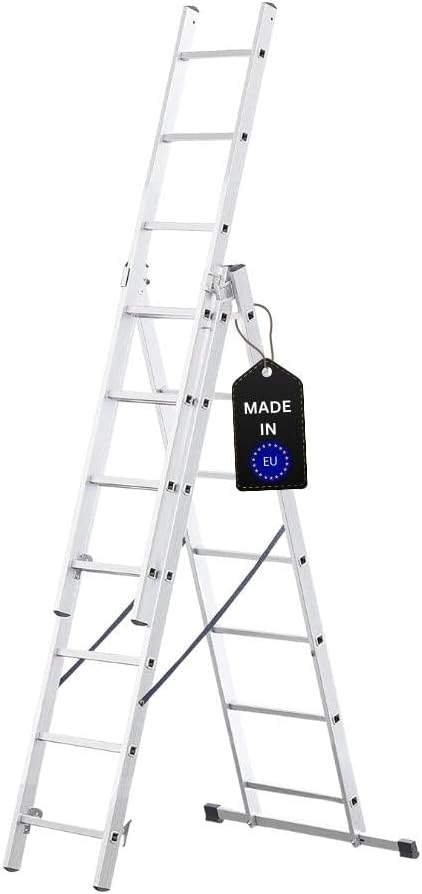 PROREGAL Economy Basic 3-delige multifunctionele ladder met dwarsbalk, 3 x 7 sporten, werkhoogte 4,23 m, draagvermogen 150 kg
