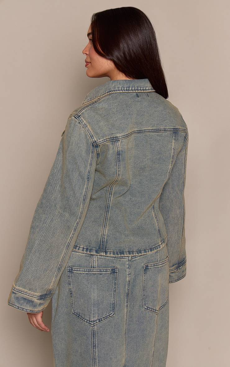 Délavage Vintage Chemise En Denim Grande Taille À Manches Évasées Et Taille Cintrée Bleue