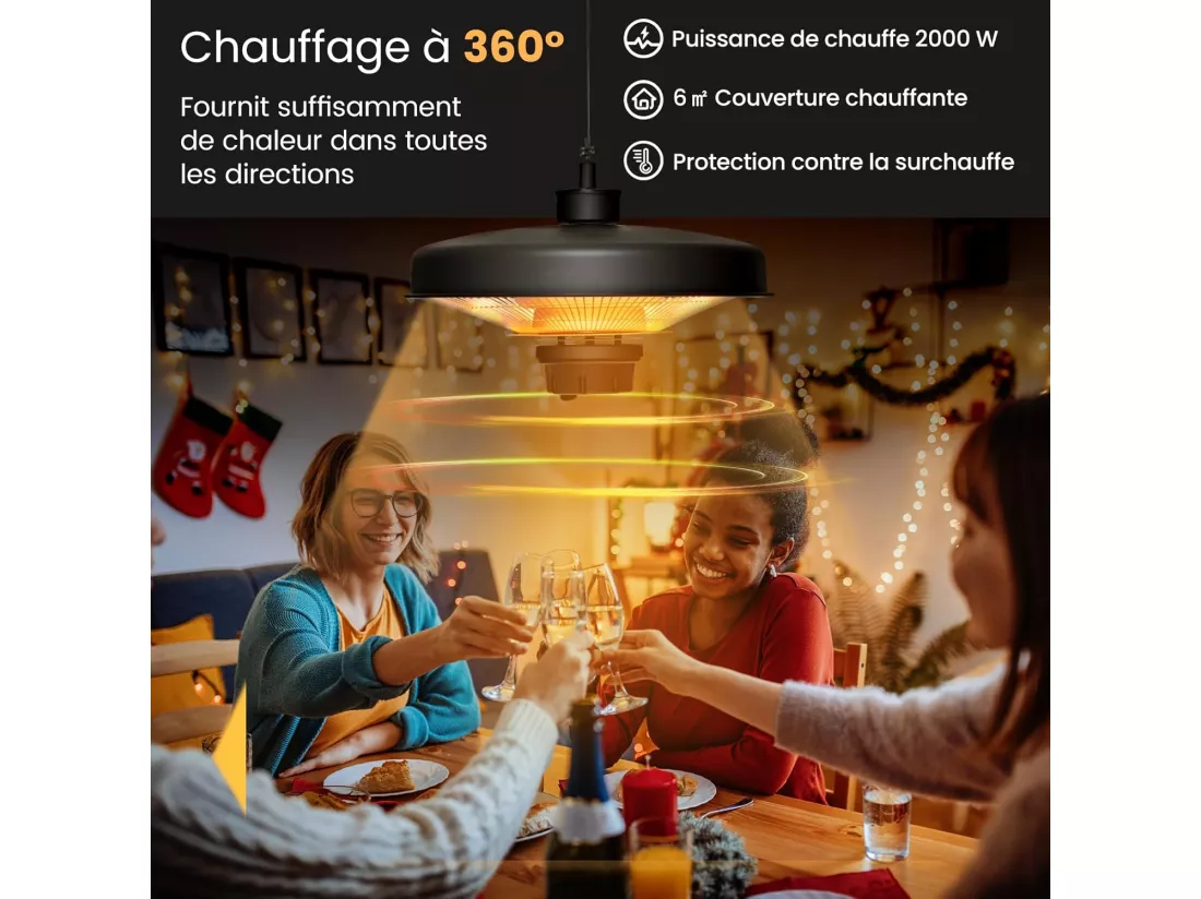 Chauffage Électrique Suspendu à InfraRouge 2000 W, Chauffage Radiant de Plafond Extérieur Étanche IP65 Protection Contre la Surchauffe, pour Porche Terrasse Tonnelle